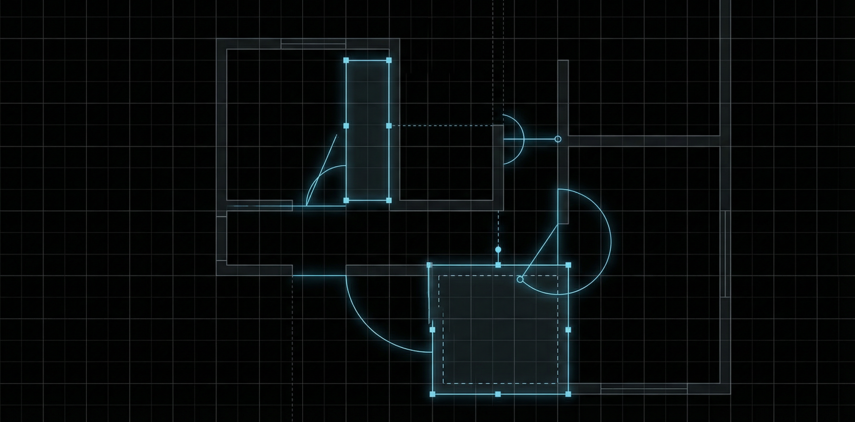 Blueprint-like floorplan editor illustration with selection handles and snap guides.