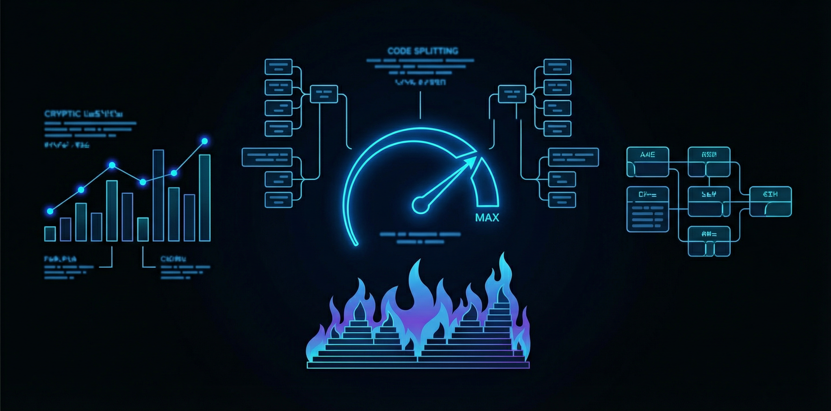 Performance-themed illustration with charts, flame graph motif, and a speed gauge.